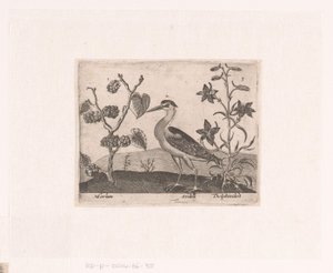 Serie med trykk med blomster og dyr i et landskap Landskap med hegre og lerkespore Landskap med dyr, planter og blomster (serietittel)