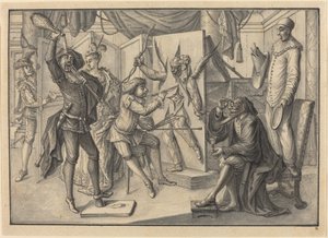 Mezzetin "maler" et portrett av Amor ved å klippe lerretet for å avsløre Harlekin av Johann Jacob Schubler