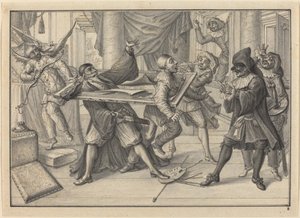 Mezzetin og Harlequin Bruk bilderammen til å fange Pantaloon og Pierrot av Johann Jacob Schubler