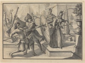 Pantaloon og legen slåss med akeje og brigatella i hagen av Johann Jacob Schubler