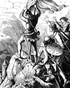 Otto I av Bayern forhindrer et nederlag av keiseren nær Verona Illustrasjon fra det tyske folks historie av E. Duller, 1840