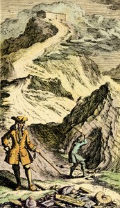 Paleontologi: Den sveitsiske naturforskeren Johann Jakob Scheuchzer (1672-1733) oppdaget i de sveitsiske fjellene sporene etter verdensflommen takket være fossiler. Gravering fra “Museum Diluvianum””