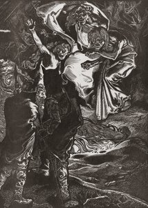 Macbeth og Banquo møter de tre heksene, 1900-tallet (gravering) av Johann Joseph Aarts