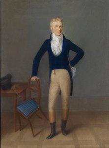Portrett i full lengde av en lyshåret herre i ridekostyme, lent på stolryggen av Johann Lorenz Kreul