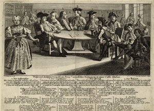 Samtale mellom 7 nasjoner involvert i krigen på en kafé, 1757 av Johann Lorenz Rugendas the Elder