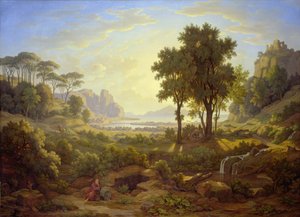 Italiensk landskap ved solnedgang