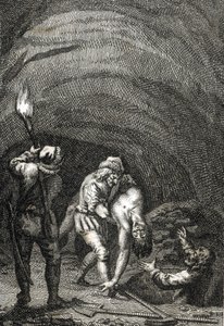 Død av William II av Holland drept av friserne, som i hemmelighet begravde ham under gulvet i et hus Gravering av Johann Michael Mettenleiter (1765-1853) 1800 Privat samling