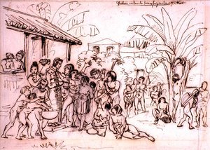 Indianere på besøk på en eiendom, Brasil, ca. 1825 (penn og brunt blekk over blyant) av Johann Moritz Rugendas