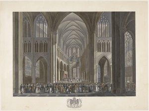 Velsignelse av kong Vilhelm I i Saint Gudula-kirken i Brussel 21. september 1815 Tolv plater med ankomst og innvielse av William I i Brussel og kampene ved Quatre-Bras og Waterloo i 1815 (serietittel) av Johann Nepomuk Gibèle (possibly)
