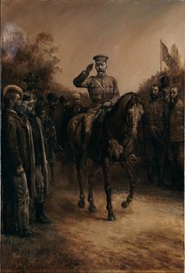 General Lord Kitchener hilser mens han rir forbi boerledere som står og tar av seg hatten, 1902 av Johann Nepomuk Schonberg