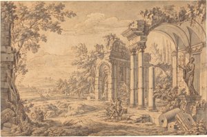 Landskap med en tegner blant gamle ruiner av Johann Oswald Harms