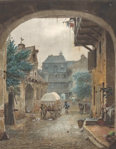 Utsikt inn i gårdsplassen til et vertshus i Colmar, 1821-77.