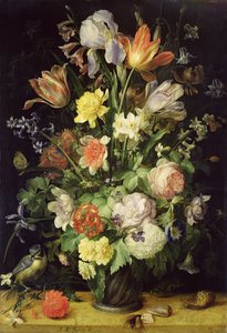 Stilleben med blomster og blåmeis