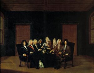 Den spanske arvefølgekrigen: "" De fullmektige samlet seg rundt Marechal-hertugen av Villars og prins Eugene av Savoy-Carignan (Savoie Carignan, greve av Soissons (1663-1736) på fredskongressen i Borden, 7.09.1714" ” Maleri av Johan Rudol av Johann Rudolph the Elder Huber