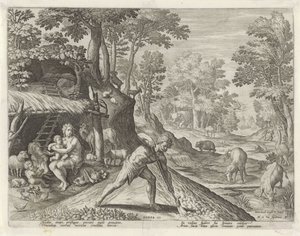 Adam og Eva på jobb utenfor det jordiske paradis Historien om Kains familie / Om godt og dårlig arbeid (serietittel) Boni et mali scientia (serietittel) av Johann Sadeler (I)