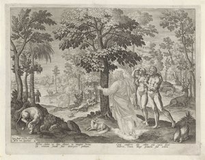 Adam og Eva i paradis Historien om Kains familie / Om gode og dårlige verk (serietittel) Boni et mali scientia (serietittel) av Johann Sadeler (I)