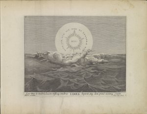 Første scheppingsdag: scheiding van licht en darknessen Schepping van de wereld (serietittel) Dette er det bibelske teateret for det gamle og nye testamentes hellige historie uttrykt i bronseplater (serietittel) av Johann Sadeler (I)