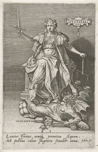 Rettferdighet (Justitia) overvinner vold (Violentia) Rettferdighet (tittel på objekt) Dydene erobrer lastene (serietittel) av Johann Sadeler (I)