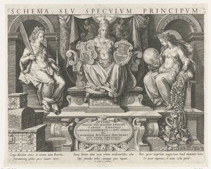 Autoritet (Potestas), Prestige (Nobilitas) og Velvilje (Liberalitas) Titteltrykk for en serie om egenskapene til en prins Hovedaktiviteter til en prins (serietittel) Schema, seu speculum principum (serietittel) Tidsplan, sev specvlvm av Johann Sadeler (I)