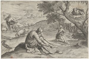 Gud viser seg for Moses i den brennende busken Historien om Moses før utvandringen (serietittel) Historia plagarum i Aegijpto (serietittel) av Johann Sadeler (I)
