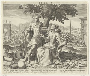Italia, med Venus og Apollo Italia (tittel på objekt) Allegoriske representasjoner av europeiske land (serietittel) av Johann Sadeler (I)