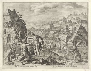 Kain bygger byen Enok Historien om Kains familie / Om gode og dårlige verk (serietittel) Boni et mali scientia (serietittel) av Johann Sadeler (I)