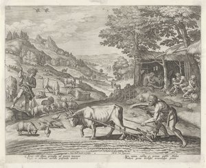Kain og Abel som bonde og hyrde Historien om Kains familie / Om gode og dårlige verk (serietittel) Boni et mali scientia (serietittel) av Johann Sadeler (I)