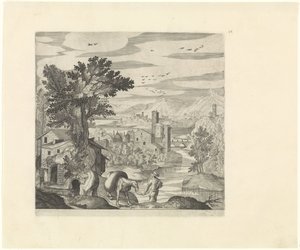 Landskap med en bonde og eselet hans Italienske landskap (serietittel) av Johann Sadeler (I)