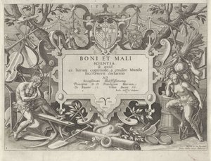 Ornamental ramme med Adam og Eva Historien om Kains familie / Om gode og dårlige verk (serietittel) Boni et mali scientia (serietittel på objekt) av Johann Sadeler (I)