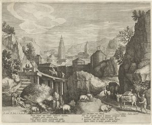 Steinete landskap med fabelen om eselet og villsvinemblemene i et landskap (serietittel) av Johann Sadeler (I)