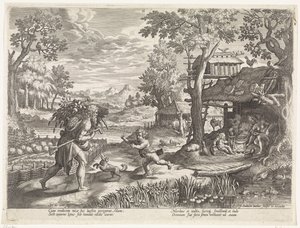 Set hilser på Adam når han kommer tilbake fra banen Historien om Sets familie / Bedømme de gode og de dårlige (serietittel) Bonorum et Malorum consensio (serietittel) av Johann Sadeler (I)