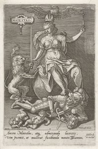Verdighet (Majestas) overvinner Tyranni (Tyrannis) Maiestas (tittel på objekt) Dydene erobrer lastene (serietittel) av Johann Sadeler (I)