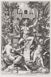 Bacchus sitter på en tønne mellom Amor og musikk, ca. 1590.