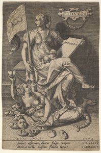 Fiducia, en sittende kvinne holder en bok og banner mens hun snur hodet bort fra en bar-br..., 1579.