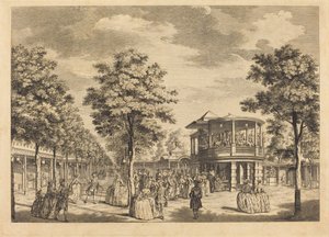 Vauxhall Gardens viser Grand Walk ved inngangen til hagen og orkesteret med musikk som spiller av Johann Sebastian Müller after Samuel Wale