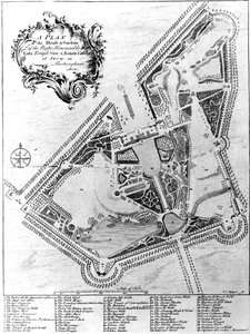 En plan for huset og hagen i Stowe, Buckinghamshire