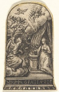 Bebudelse, Mary kneler ved en talerstol mens Gabriel nærmer seg på en sky fra ..., ca. 1580-1600.
