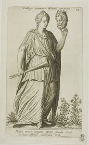 Calliope, Muse of Epic Poetry, plate 12 fra Parnassus Biceps av Johann Theodor de Bry