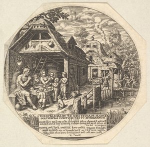 Enoch og familien hans rundt et måltidsbord og holder hendene i en gest..., ca. 1580-1623.