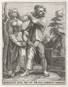 Strijd om de broek JEG VIL BINDE MEG PÅ MIN MANNS INSISTERENDE BUKSER (tittel på objekt) Secular Emblems, 1596 (serietittel)