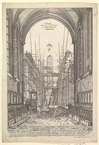 Utsikt over fransiskanernes kirke i Nürnberg under gjenoppbygging, fra serien V....n.d. av Johann Ulrich Kraus