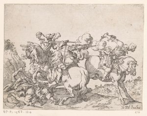 To musketerer på hesteryggen skyter på en rytter Kampscener (serietittel) Capricci di varie battaglie (serietittel)