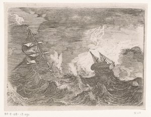 Fem seilskip til sjøs under en storm Skip i stormfullt vær (serietittel) av Johann Wilhelm Baur