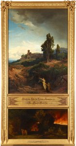 Abrahams Bitte für Sodom (oben). Die Flucht Lots (unten). Aus dem Zyklus "Zwölf biblische Landschaften mit der Geschichte Abrahams" av Johann Wilhelm Schirmer