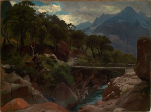 Sveitsisk fjellelv med gangbro av Johann Wilhelm Schirmer