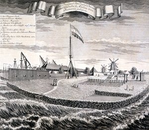 Dutch East India Company tre- eller sagbruk på øya to mil fra Batavia, pub. 1744. av Johann Wolfgang Heydt