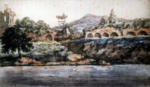 Roma - utsikt over Tiberen, akvarell av Goethe. sd. 1800-tallet.