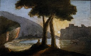 Solnedgang på de romerske ruinene. Akvarell av Johann Wolfgang Von Goethe (1749-1832). Begynnelsen av 1800-tallet