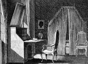 Werthers rom, illustrasjon av Daniel Chodowiecki (1726-1801), gravering inspirert av The Sorrows of Young Werther av Johann Wolfgang von Goethe (1749-1832)