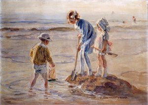 Leker på Katwijk-stranden (olje på lerret) av Johann Zoetelief Tromp